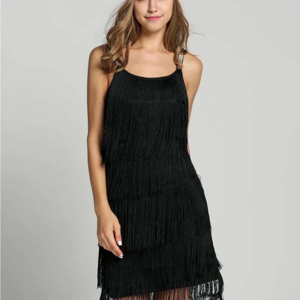 BELTED BLACK 1920S FRINGE GATSBY DRESS M - Picture 3 of 5